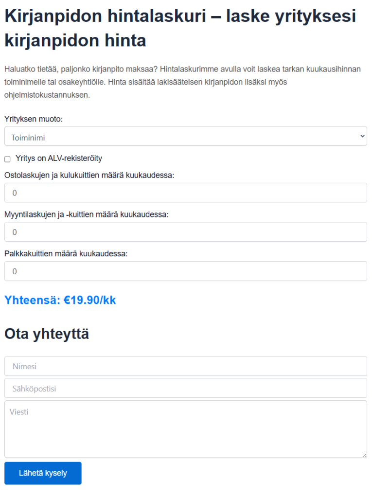 Kirjanpito hinta-arviointi käyttäjänäkymä